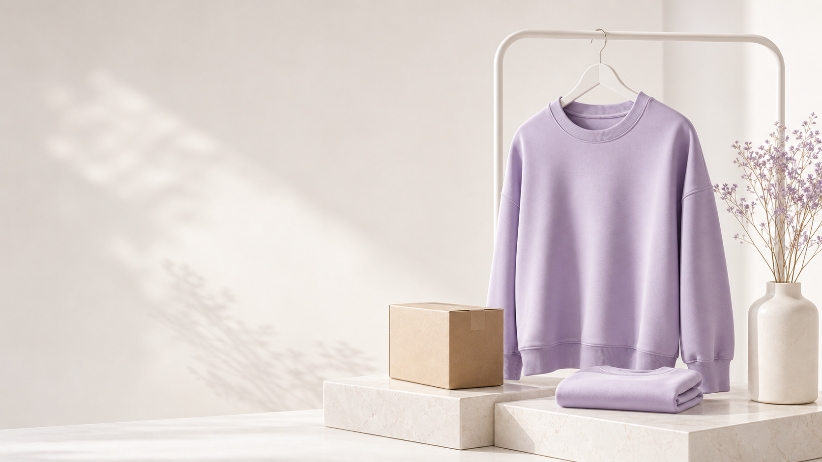 Sudadera premium en estudio con packaging de ecommerce